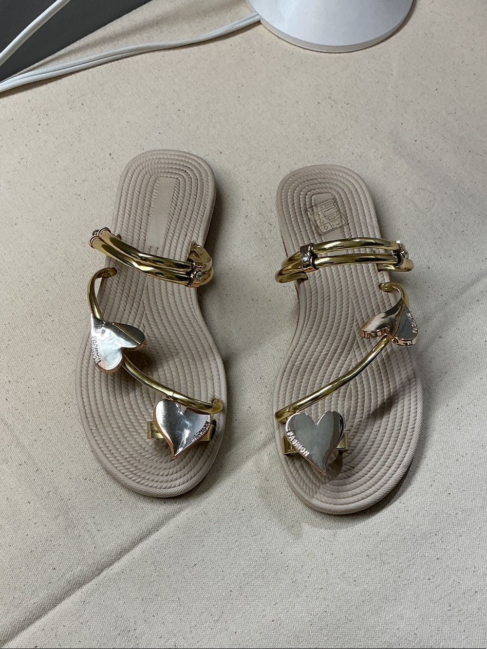 Women’s Beige Heart-Accent Slide Sandals with Gold Straps